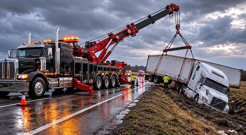 Heavy-duty recovery of a tractor-trailer on the roadside