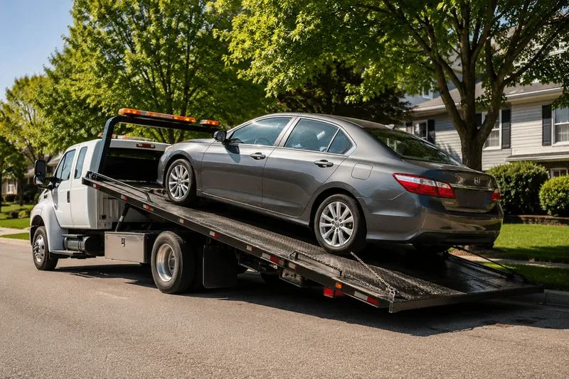 Flatbed loading a sedan on a residential street