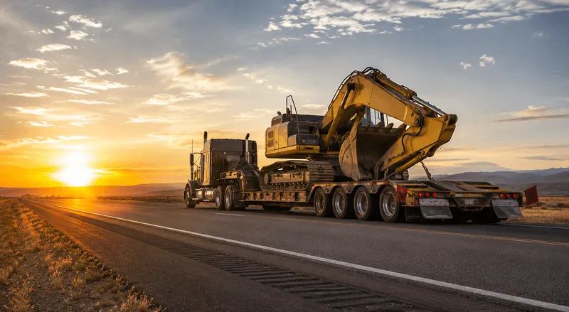 Lowboy hauling an excavator at sunset